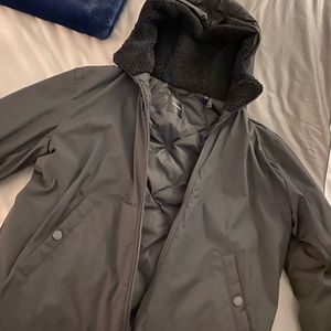Theory black puffer jacket with faux Sherpa hood